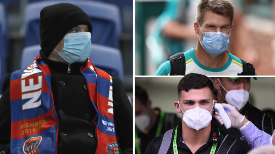 A newcastle Jets fan, Australian cricketer David Warner and NRL player Nathan Cleary wearing masks to combat COVID-19. 