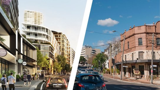 Composite - Artist impressions of the Edgecliff Commercial Centre Strategy. Image supplied (Andrew Taylor) New South Head Road, shot from Rushcutters Bay Park and looking towards Edgecliff Station. Photographed Friday 18th June 2021. Photograph by James Brickwood. SMH NEWS 210618