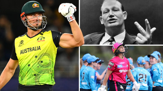 Cricket, private equity composite for online. Marcus Stoinis, Kerry Packer, WBBL. Photos: Getty, Getty, archive