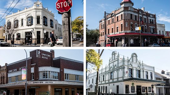 Clockwise from top-left: London Hotel, Imperial Hotel, Bellevue Hotel and Unicorn Hotel are among seven watering holes that have been proposed for heritage listing. 