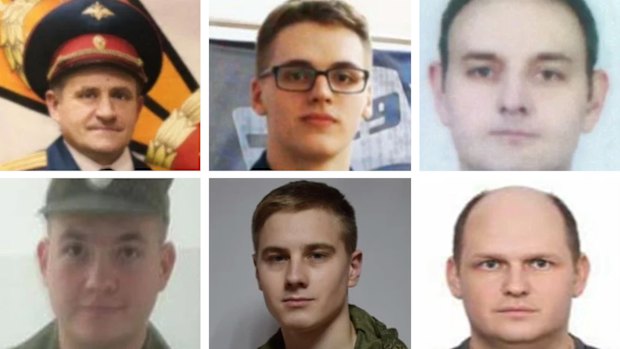 Clockwise from top-left: Aleksandr Vladimirovich Osadchuk, Nikolay Aleksandrovich Korchagin, Yevgeniy Mikhaylovich Serebriakov, Yuriy Federovich Denisov, Vladislav Yevgenyevich Borovkov and Artem Valeryvich Ochichenko.  