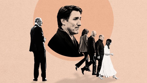 From left: Anthony Albanese’s approval rating has dropped, Justin Trudeau will leave the stage, along with Kamala Harris and Joe Biden. German chancellor Olaf Scholz faces the electorate next month and Jacinda Ardern left politics in 2023.