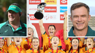 Australia’s in-form women’s sevens side with coach John Manenti (inset left) and the man set to replace him, Tim Walsh.