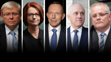 The five Prime Ministers of the last decade: Kevin Rudd, Julia Gillard, Tony Abbott, Malcolm Turnbull and Scott Morrison. 