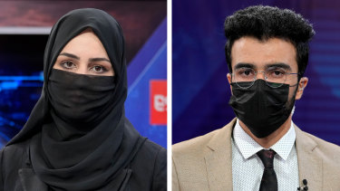 TV anchor Khatereh Ahmadi wears a face covering as she reads the news on TOLO NEWS, in Kabul, due to Taliban restrictions. Fellow news anchor Hamed Bahram wears a face mask in protest.