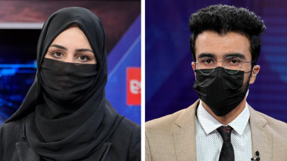 Male newsreaders wear masks in protest as Taliban cover female TV anchors