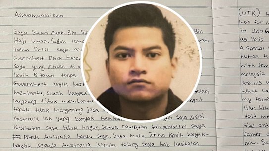 A handwritten note written by Shukri Azam Bin Sirul Azha about his father Sirul Azhar Umar, who has been detained in Sydney over a gruesome Malaysian murder. 