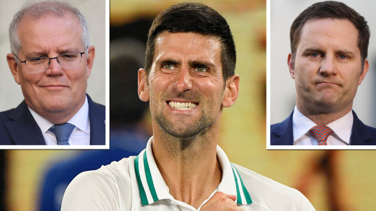 Prime Minister Scott Morrison, left, will face criticism whichever way the decision over Novak Djokovic, centre, goes. Immigration Minister Alex Hawke, right, will make the final call.