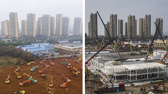 Before and after: A symbol of China's rapid response, albeit delayed, has been the speed at which workers in Wuhan are erecting a pair of field hospitals to accommodate virus patients.