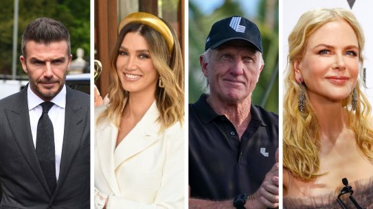 Football star David Beckham arrives at Bromley Magistrates Court for a hearing after he was spotted using his mobile phone while driving his Bentley, in London, Thursday, May 9, 2019. The magistrate has the power to impose six penalty points and a £200 fine for the charge of using a mobile while driving. (Victoria Jones/PA via AP)
In a handout image acquired Thursday, 1 September 2022 shows Delta Goodrem at the launch of the 2022 Melbourne Cup Carnival in an undated image. Photo : Supplied.
DORAL, FL - OCTOBER 30: Greg Norman, CEO and commissioner of LIV Golf, being introduced to the crowd during the team championship stroke-play round of the LIV Golf Invitational - Miami at Trump National Doral Miami on October 30, 2022 in Doral, Florida. (Photo by Eric Espada/Getty Images)

Nicole Kidman arrives at the Dior red carpet, at NGV in Melbourne. August 26th 2017. Photo: Daniel Pockett
Composite
