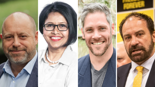 Lee Jones, Family First; Kaushaliya Vaghela, New Democrats; Chris Burson, Angry Victorians Party; and Geoff Shaw, United Australia Party.