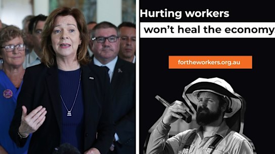 Composite of ACTU president Michele O’Neil with new campaign 