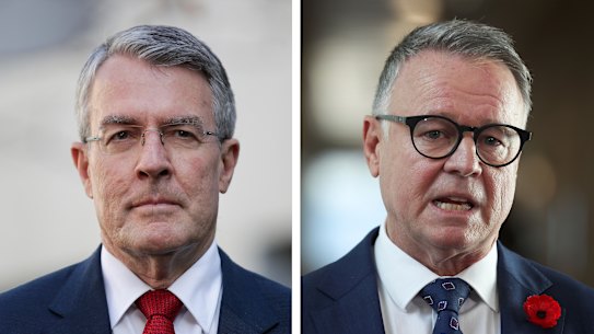 Mark Dreyfus, left, says his Labor colleague Joel Fitzgibbon's views on climate change are "out of touch". 