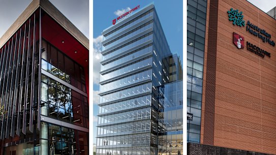 A composite image of Macquarie University, Western Syd University and University of Wollongong.