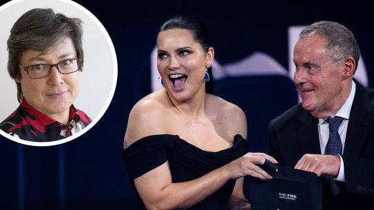 Adriana Lima and commentator Andres Cantor announce the winner of the FIFA Fan Award in Paris on Monday. Inset, Moya Dodd.