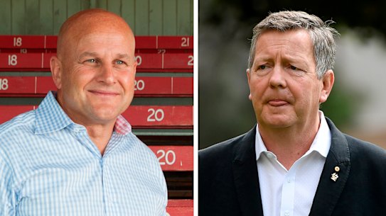Former Rugby Australia second in command Rob Clarke (left) agrees to step in for three to six months while AOC boss Matt Carroll (right) is still a candidate for the permanent role. 