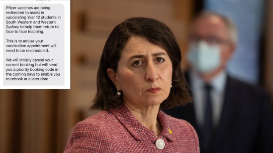 A text message from NSW Health to reschedule a Pfizer vaccine booking. 

