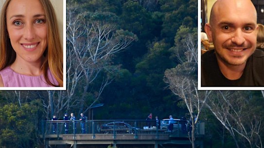 Police negotiate the surrender of Ashley Gaddie in Wentworth Falls. Inset: Dannielle Finlay-Jones, left, and Gaddie.