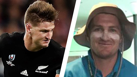 All Black Jordie Barrett with a young fan at the Melbourne Cricket Ground during the 2019 Boxing Day Test against Australia. Left, playing for the All Blacks.