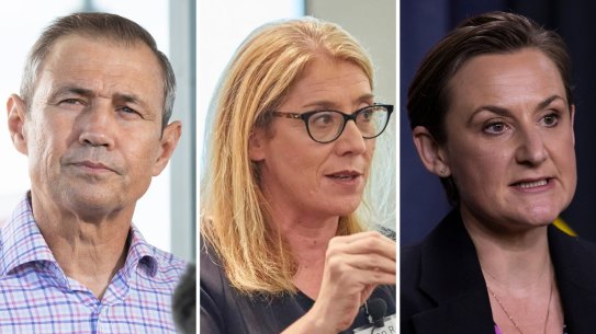 WA premier contenders: Deputy Premier Roger Cook, Transport Minister Rita Saffioti, Health Minister Amber-Jade Sanderson. Pictures: Getty/Supplied