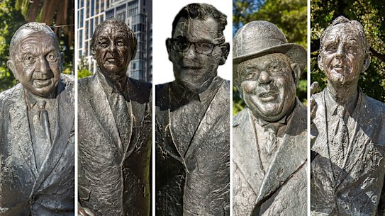 A homepage composite of bronze statues of Victorian Premiers, including a mock-up of what the Daniel Andrews statue would look like.