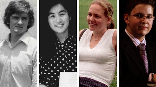HSC high achievers through the decades: Geoff Wilkes (1979), Vivien Chen (1989), Kate Peterson (1999) and Patrick Hamid (2009).
