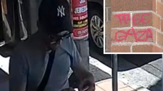 Police are searching for a man after Prime Minister Anthony Albanese’s office was spray-painted with pro-Palestinian messages.