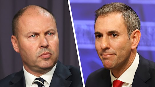 Former treasurer Josh Frydenberg (left) and his successor Jim Chalmers.