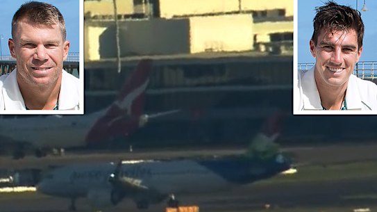 The plane arriving in Sydney and, inset, David Warner and Pat Cummins.