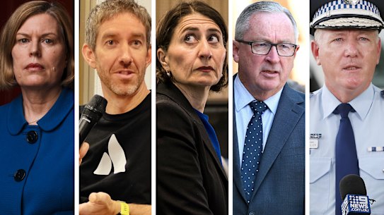Chief Health Officer Kerry Chant, Atlassian boss Scott Farquhar, Premier Gladys Berejiklian, Health Minister Brad Hazzard and Police Commissioner Mick Fuller.    