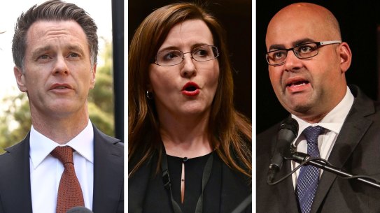 NSW Labor leader Chris Minns, Labor MP Tania Mihailuk and Canterbury-Bankstown mayor Khal Asfour.