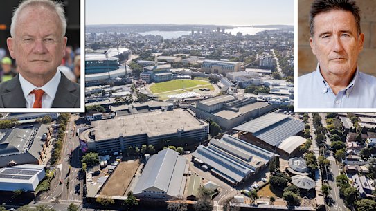 The Entertainment Quarter, to the right, is next to the SCG at Moore Park. Inset: EQ chairman Tony Shepherd, top left, and venture capitalist Mark Carnegie, a key investor of the EQ.