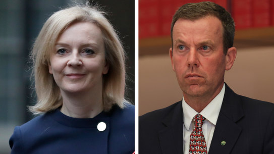 Britain’s Trade Secretary Liz Truss and Australia’s Trade Minister Dan Tehan.