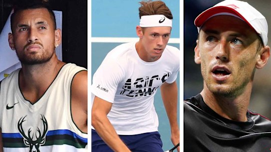 Australian tennis stars, from left, Nick Kyrgios, Alex De Minaur and John Millman have pledged money to help firefighters.