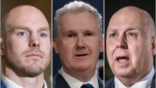 Independent federal senator David Pocock, federal Workplace Minister Tony Burke and Victorian Treasurer Tim Pallas.