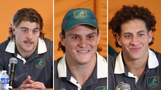 Fraser McReight, Tom Hooper and Mark Nawaqanitawase face the media in France ahead of the Rugby World Cup.