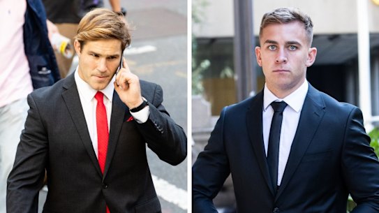 COmposite - NRL player Jack de Belin is facing a retrial over allegations he and Callan Sinclair raped a teenager in 2018.. 19th April 2021. Photo: Edwina Pickles / SMH. Callan Sinclair at the Downing Centre. NRL player Jack de Belin is facing a retrial over allegations he and Callan Sinclair raped a teenager in 2018.. 19th April 2021. Photo: Edwina Pickles / SMH