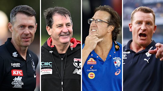 Coaches face the ‘fifth quarter’ after every match. From left:  Collingwood coach Craig McRae, St Kilda coach Ross Lyon, Western Bulldogs coach Luke Beveridge, and Carlton coach Michael Voss.