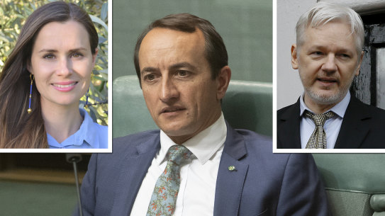 Dave Sharma. Insets, Kylie Moore-Gilbert and Julian Assange.