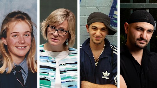 Left, Independent MP Zali Steggall as a student and parliamentarian. Right, novelist Michael Mohammed Ahmad in 2007 outside Punchbowl Boys High School where he was a student.