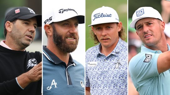 LIV golfers (l-r) Sergio Garcia, Dustin Johnson, Cameron Smith and Bryson DeChambeau all wore team logos during the first round of practice for The Masters at Augusta National.