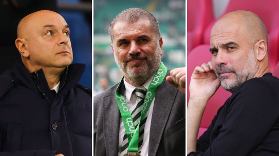 Tottenham chairman Daniel Levy, Celtic boss Ange Postecoglou, and Manchester City manager Pep Guardiola.