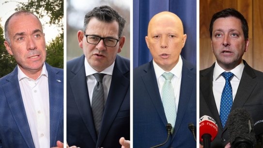 The short-lived tenure of former banker Andrew Thorburn (far left) as CEO of Essendon Football Club has attracted comment from Victorian Premier Daniel Andrews, Federal Opposition Leader Peter Dutton and Victorian Opposition Leader Matthew Guy.