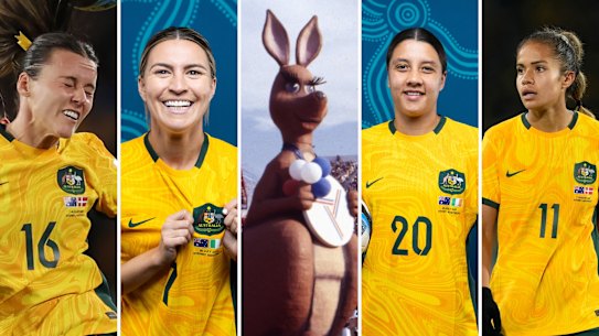 Hayley Raso, Steph Catley, Matilda the Kangaroo, Sam Kerr and Mary Fowler.