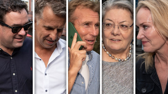 Stuart Ayres, Andrew Constance, Rob Stokes, Sally Betts and Natalie Ward arrive at the Liberal Party function on Sunday afternoon.