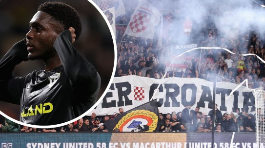 Al Hassan Toure celebrated Macarthur FC’s opening goal right in front of Sydney United 58’s supporters.