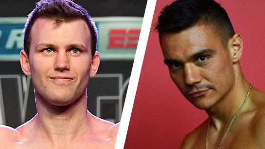Jeff Horn, left, and rival Tim Tszyu, right, are scheduled to face each other next month.