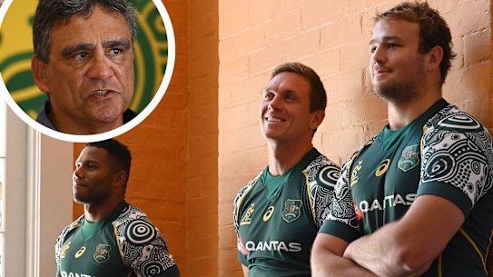 Filipo Daugunu, Dane Haylett-Petty and Harry Wilson wearing the new Indigenous Wallabies jerseys. Inset, Gary Ella.