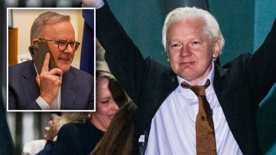 Anthony Albanese on the phone to Julian Assange, who arrived in Australia on Wednesday night.