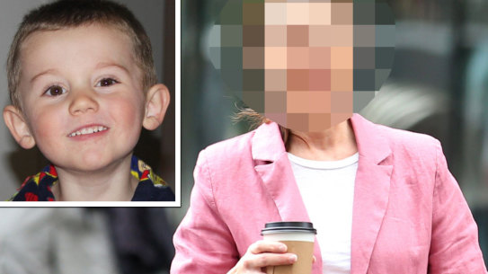 The foster mother of William Tyrrell (who cannot be identified) outside court and, inset, William.